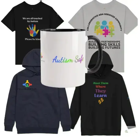 Collaborative ABA Services merchandise: t-shirts, hoodies, and a mug featuring Autism-related designs