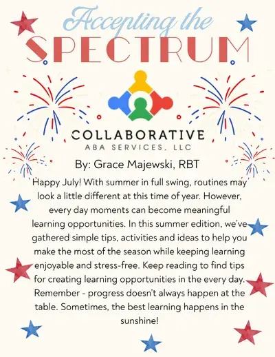 Cover of the July 2026 Collaborative ABA Services newsletter, “Accepting the Spectrum”