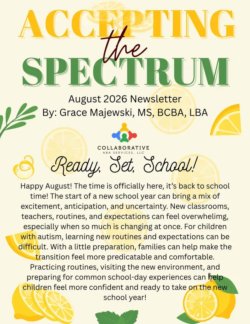 Cover of the August 2026 Collaborative ABA Services newsletter, “Accepting the Spectrum” — Ready, Set, School!